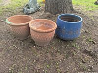 Three planters positioned outside near a tree trunk: two terra cotta and one blue porcelain.