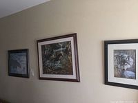 Photo showing three framed prints hanging on a beige wall, including a large central print of a horse in a forest, flanked by smaller prints.