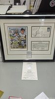 Full view of the framed Babe Ruth commemorative set on a table showing the artwork, certificate, and silver stamp, with certificate of authenticity placed below.