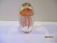 Front view of glass paperweight showing detailed orange jellyfish inside, standing upright.