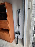 Full view of two Salomon skis standing vertically, showing length, color, and design.