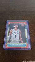Front image of Victor Wembyama San Antonio Spurs rookie card inside plastic sleeve.