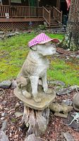 Front and side views of a cement dog sculpture with a pink polka dot hat perched on a tree stump outdoors, showing weathered surface.