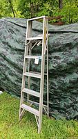 Full height view of aluminum Scranton A frame ladder with five steps, showing weathered condition and structural components.