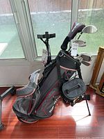Full view of Top Flite golf bag with clubs inside, showing multiple club heads and side compartments.