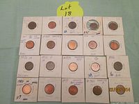 Full lot of 20 pennies in cardboard holders showing dates and condition notes.