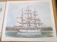 Full image of a tall ship watercolor print by Ben Babelowsky, showing a fully rigged sailing ship on water with hills in background