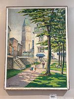 Full frontal image showing the entire oil painting of the urban park scene with signature visible.