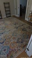 Photo showing full view of large floral area rug on wooden floor near shelves and door.
