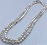 Full view of the entire pearl necklace laid flat showing overall length and bead arrangement