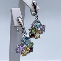 Pair of 925 sterling silver clip-on drop earrings with natural unheated pear citrine, amethyst, Mozambique garnet, peridot, and blue gemstone cluster, set with 14K white gold plating