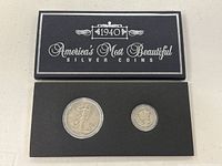 Two 1940 silver coins displayed in original set case labeled 'America's Most Beautiful Silver Coins'