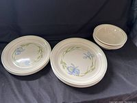 Full view of the eight dinnerware pieces, including four plates and four bowls with blue orchid floral design.