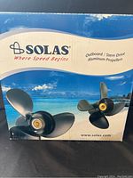 Box showing Solas branding with image of outboard propellers on front, indicating outboard/stern drive aluminum propellers.