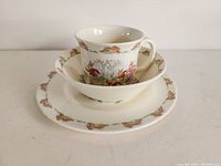 Tea set of cup, saucer, and plate showing the full set stacked with bunny border and rabbit scenes