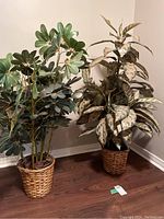 Two artificial plants in woven wicker baskets, one with broad green leaves and the other with variegated cream and green leaves. Tallest plant is approximately 52 inches tall.
