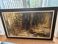 Front view of framed oil on board forest landscape painting signed Miriam Benzing.