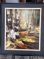Frontal view of the framed oil painting showing birch trees and forest floor with light and shadow contrasts.
