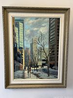 Framed oil painting of Toronto street scene, front view showing entire artwork and frame