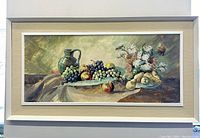 Full view of the framed oil painting showing still life with fruit, flowers, and pitcher.