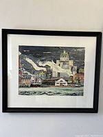 Frontal view of the framed watercolor painting of Toronto Harbour skyline