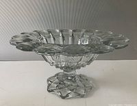 View of the pressed glass footed compote bowl showing scalloped rim and patterned bowl.