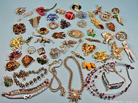 Overhead shot showing full lot of assorted brooches, pins, necklaces