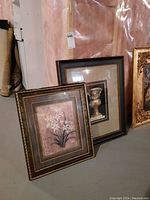 Two framed prints side by side, one floral and one vase print, showing overall condition and size comparison.