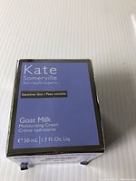 Front side of sealed Kate Somerville Goat Milk Moisturizing Cream box showing product name, size, and indication for sensitive skin.