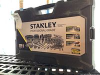 Front side of the Stanley Professional Grade carrying case showing full photo of the socket wrench set and item count (229 pcs)