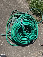 Four green garden hoses coiled and bundled on the ground with some grass and concrete visible