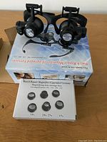 Watch repair magnifier headset with LED lights, displayed on top of its branded box. Adjustable lenses and headband visible.
