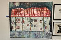 Front view of textured canvas painting showing stylized building with red roof and trees