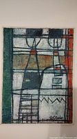 Frontal image showing full painting on canvas with abstract geometric composition in grey, white, green, orange and black, signed 'Galton' lower right.