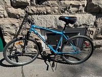 Side profile photo of the blue Schwinn Scrim HT Supercycle mountain bike leaning against a stone wall, showing overall condition and wear.