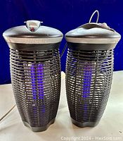 Two black Stinger bug zappers standing side by side showing front view with glowing purple UV light tubes inside protective cages.
