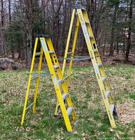 Photo showing two fiberglass step ladders outdoors, one approximately 6 feet and the other 8 feet tall, standing open on grass with trees in the background.