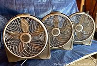 Three beige Lasko Cyclone 20-inch box fans in a row showing front view and size; placed on blue fabric background.