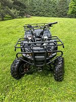 Front view showing black ATV body, front cargo rack, grill guard and knobby tires