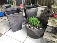 Two tall matching square plastic planters with dark wicker texture next to a round plastic barrel planter containing green Hosta plant