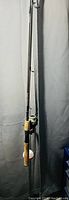 Full view of the fishing rod with cork handle grips and attached spinning reel, rod is black with metal guides.