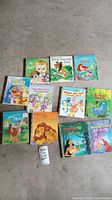 Full collection of 13 Little Golden Books arranged on floor showing front covers including titles My Puppy, The Lion King, Lady and the Tramp, and others.