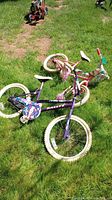 Two girls' bicycles outdoors on grass showing overall condition and design