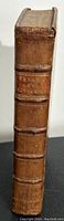 Spine view showing leather binding, raised bands, gilt title