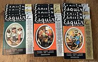 Fifteen Esquire magazine issues from 1936-1940 arranged in three rows showing covers with colorful vintage illustrations and dates visible.