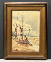 Framed watercolor showing boats on river, overall view of painting and frame.