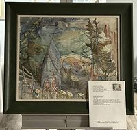 Front view of framed painting with gallery info sheet