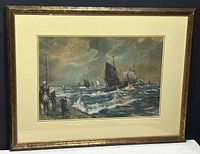 Frontal view of the framed watercolor showing sailing boats on a turbulent sea and figures on a pier in the foreground.