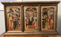 Frontal view of framed triptych depicting the San Zeno Altarpiece reproduction with three panels in a gilt wood frame