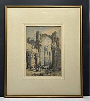 Full view of the framed watercolour artwork showing ruins with arches and figures, displayed against a black background.